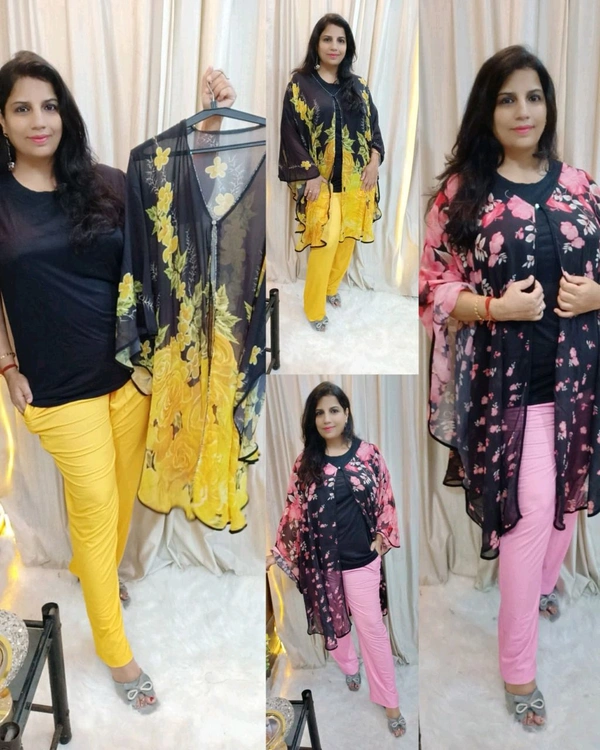 KD18 5370 *Beautiful printed 3 pc set* imported  strechable with shrug georgette - Pink Lace, XL-42