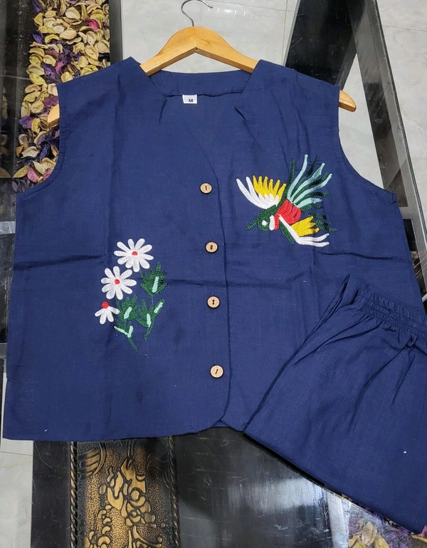 SF2 5373 Premium cotton Co-ords Sets Beautiful Aari Bird & Floral Work  - Navy Blue, L-40