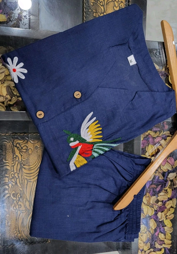 SF2 5373 Premium cotton Co-ords Sets Beautiful Aari Bird & Floral Work  - Navy Blue, L-40