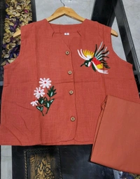 SF2 5373 Premium cotton Co-ords Sets Beautiful Aari Bird & Floral Work  - Brown, 2XL-44