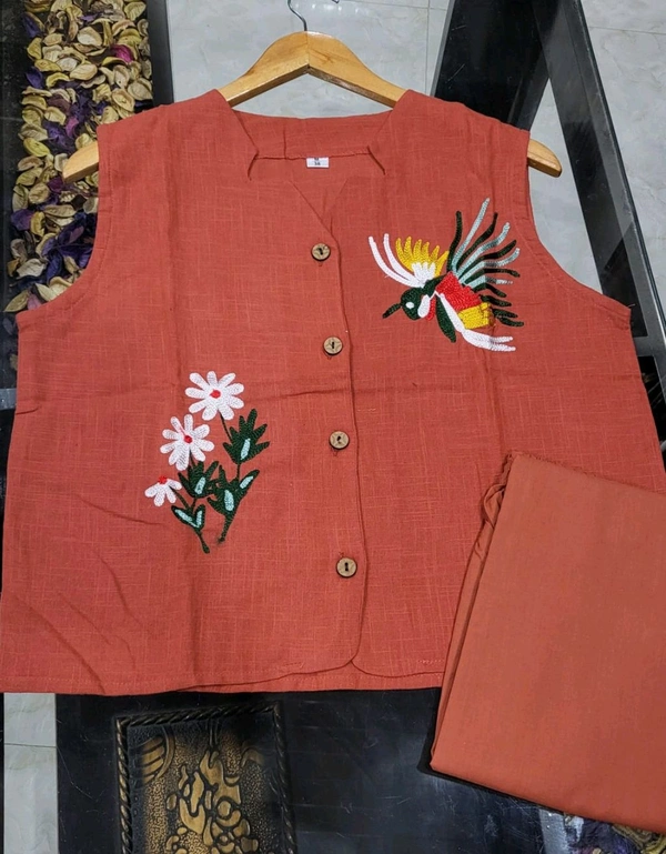 SF2 5373 Premium cotton Co-ords Sets Beautiful Aari Bird & Floral Work  - Brown, 2XL-44