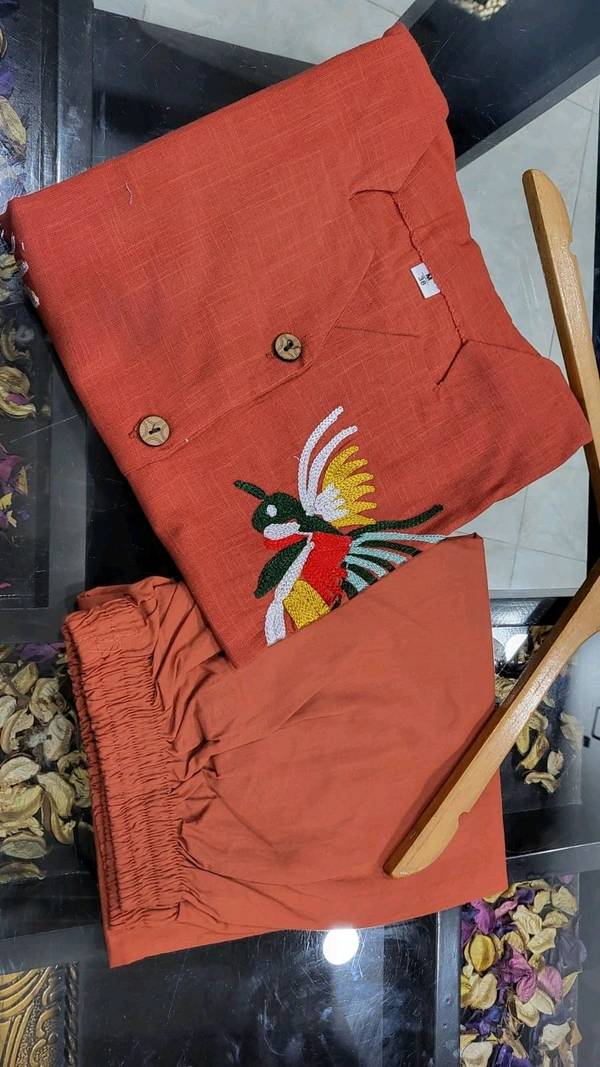 SF2 5373 Premium cotton Co-ords Sets Beautiful Aari Bird & Floral Work  - Brown, 2XL-44