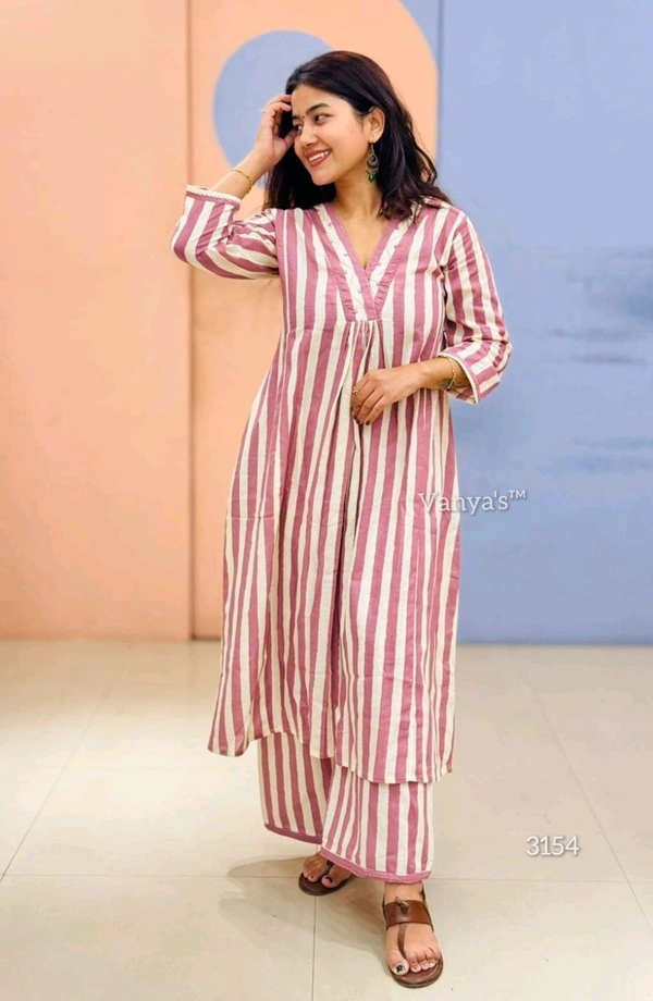 SF2 5379  Lovely bright color For  lightweight dress  Rayon A-Line stripe printed kurti With Pant  - Pink Lace, L-40