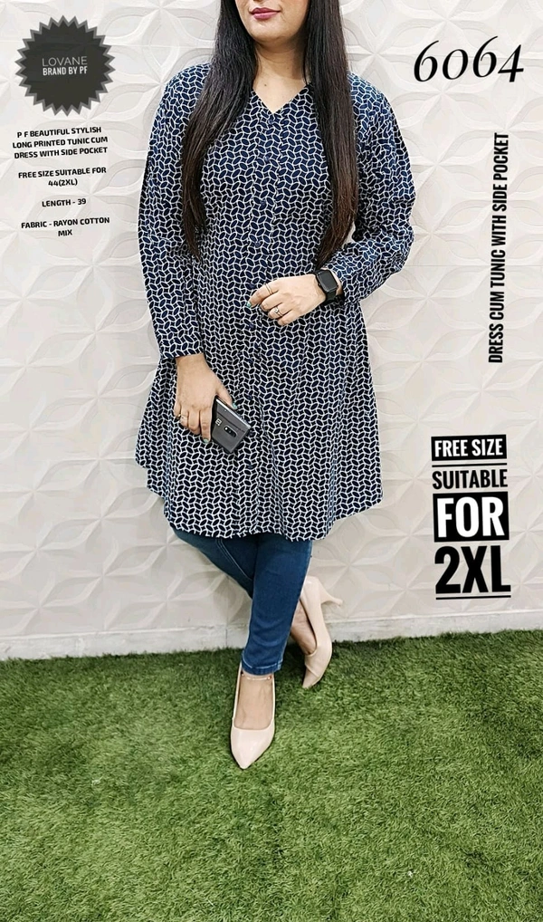PFD 6064 STYLISH RAYON COTTON  LONG PRINTED TUNIC CUM DRESS WITH SIDE POCKET - Navy Blue, 2XL-44