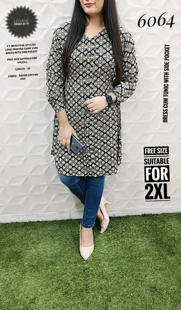PFD 6064 STYLISH RAYON COTTON  LONG PRINTED TUNIC CUM DRESS WITH SIDE POCKET - Gray, 2XL-44