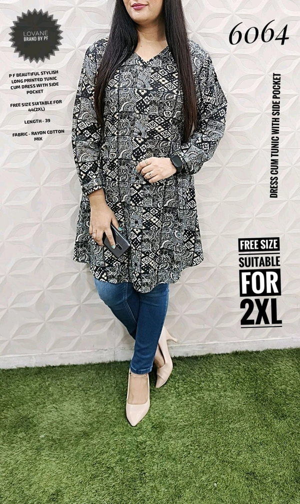 PFD 6064 STYLISH RAYON COTTON  LONG PRINTED TUNIC CUM DRESS WITH SIDE POCKET - Light grey, 2XL-44