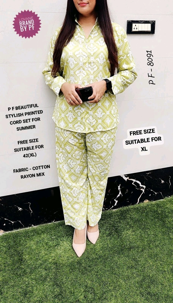 PFD 8091 BEAUTIFUL STYLISH PRINTED COTTON  CORD SET  - Yellow, XL-42