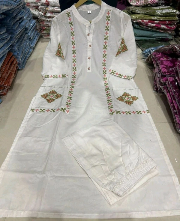 SF2  5412 New launch HAVY Cotton  classy  kurti pant  with embroidery & button work  - White, M-38