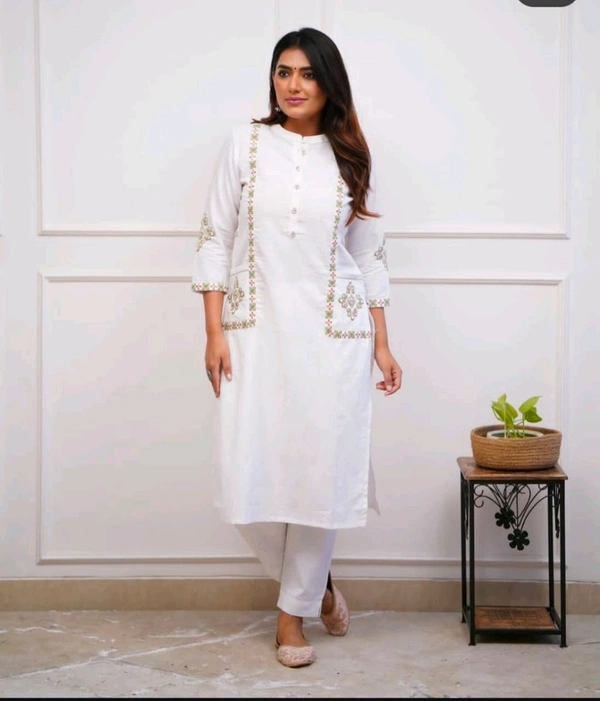 SF2  5412 New launch HAVY Cotton  classy  kurti pant  with embroidery & button work  - White, L-40