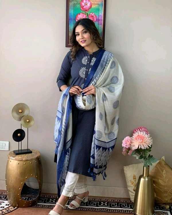 SF3 5417 Pure Cotton Kurta  suit set  embroidery work paired with flower kota silk dupatta and cotton pants  - 2XL-44