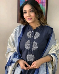 SF3 5417 Pure Cotton Kurta  suit set  embroidery work paired with flower kota silk dupatta and cotton pants  - 2XL-44