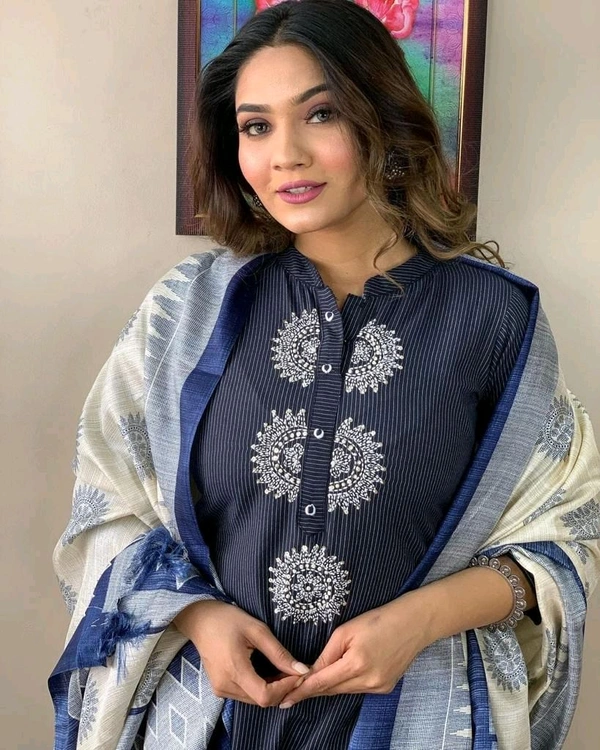 SF3 5417 Pure Cotton Kurta  suit set  embroidery work paired with flower kota silk dupatta and cotton pants  - 2XL-44