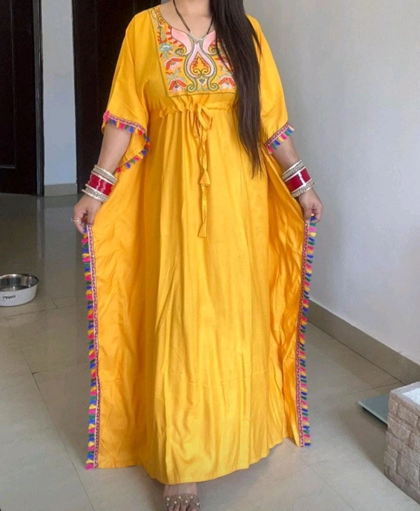KD18 5419 Designer solid Cotton REYON  Kaftan With embroidery Work  - Yellow, M-38
