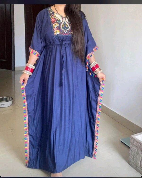 KD18 5419 Designer solid Cotton REYON  Kaftan With embroidery Work  - Blue, 4XL-48