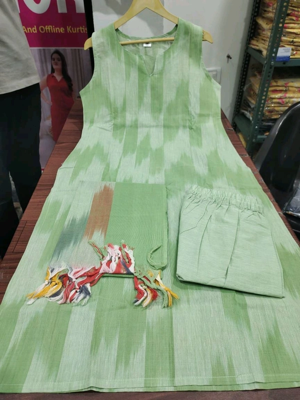 SF3 5423  South cotton handloom kurti  handloom cotton pants and dupatta*  - Green, L-40