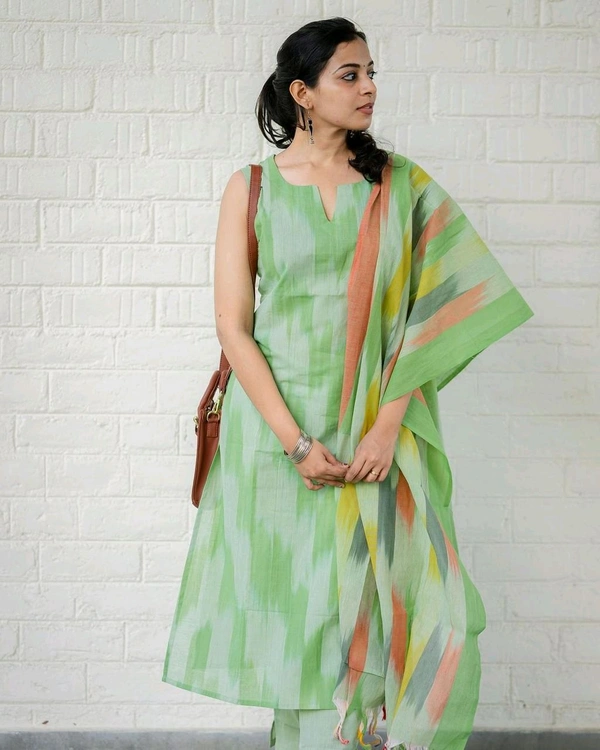 SF3 5423  South cotton handloom kurti  handloom cotton pants and dupatta*  - Green, 3XL-46