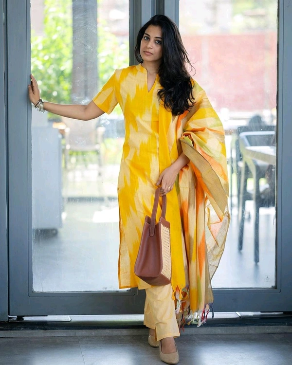 SF3 5423  South cotton handloom kurti  handloom cotton pants and dupatta*  - Yellow, XL-42