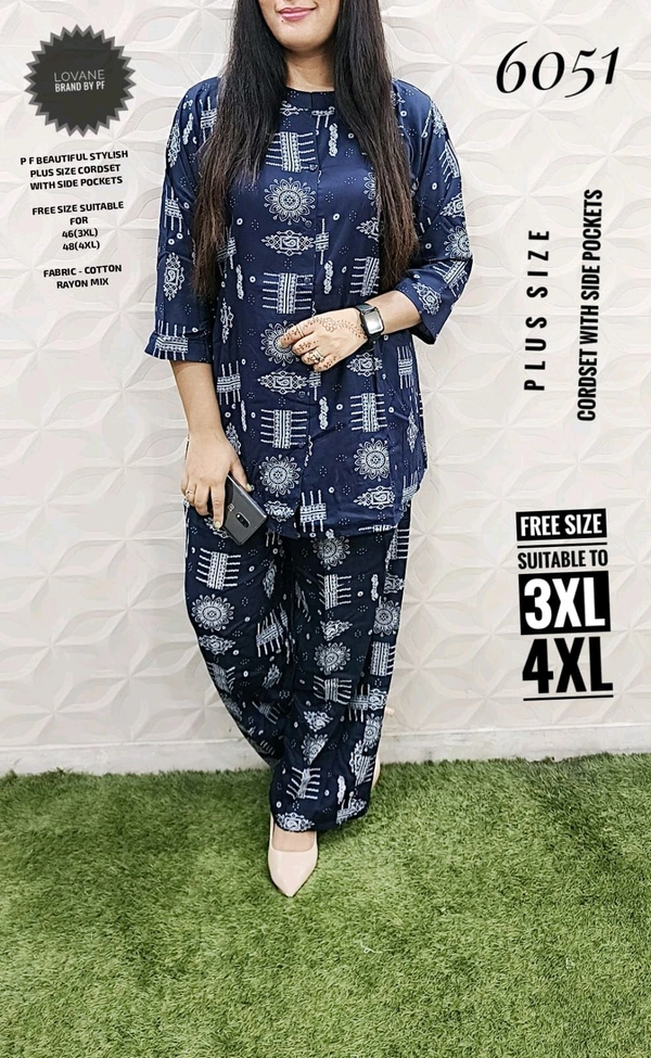 PFD 6051 BEAUTIFUL STYLISH PRINTED RAYON MIX  CORDSET  WITH SIDE POCKETS*  - Navy Blue, 3XL-46