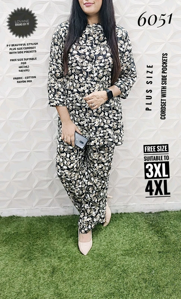 PFD 6051 BEAUTIFUL STYLISH PRINTED RAYON MIX  CORDSET  WITH SIDE POCKETS*  - Silver Grey, 4XL-48