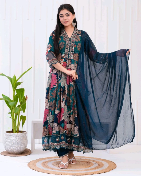 KDJ 5442  Floral Muslin mix soft comfortable and Full Hand Work Kurti & Pant - M-38