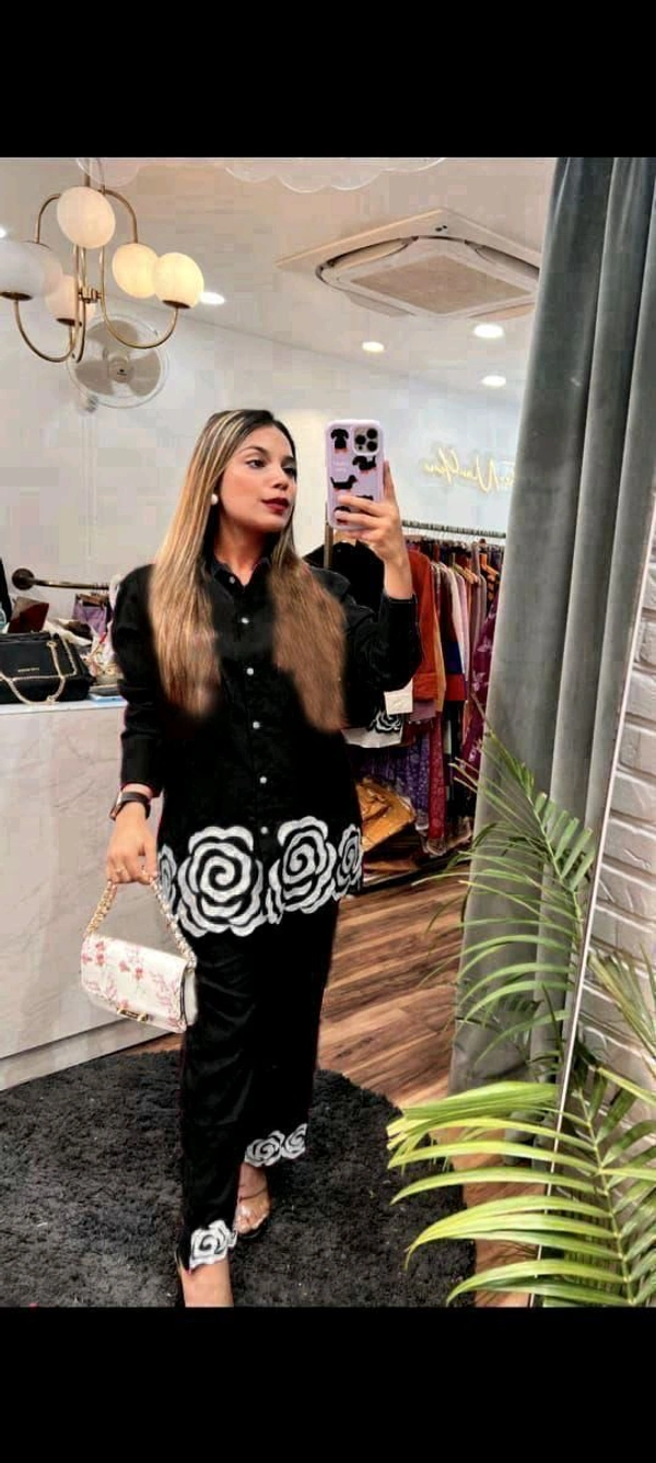 SF2 5445 Trending Reyon two pc sets  embroidery  on daman of tunic top and bottom too._It's a must for ALL shapes and a smart party outfit  - Black, M-38