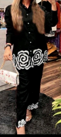 SF2 5445 Trending Reyon two pc sets  embroidery  on daman of tunic top and bottom too._It's a must for ALL shapes and a smart party outfit  - Black, M-38