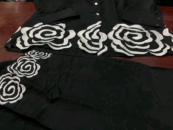 SF2 5445 Trending Reyon two pc sets  embroidery  on daman of tunic top and bottom too._It's a must for ALL shapes and a smart party outfit  - Black, M-38