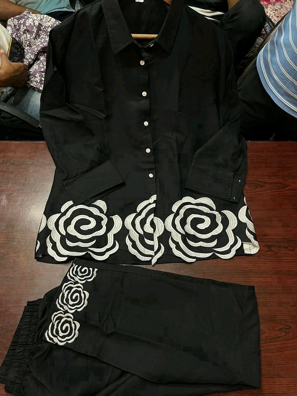 SF2 5445 Trending Reyon two pc sets  embroidery  on daman of tunic top and bottom too._It's a must for ALL shapes and a smart party outfit  - Black, 2XL-44