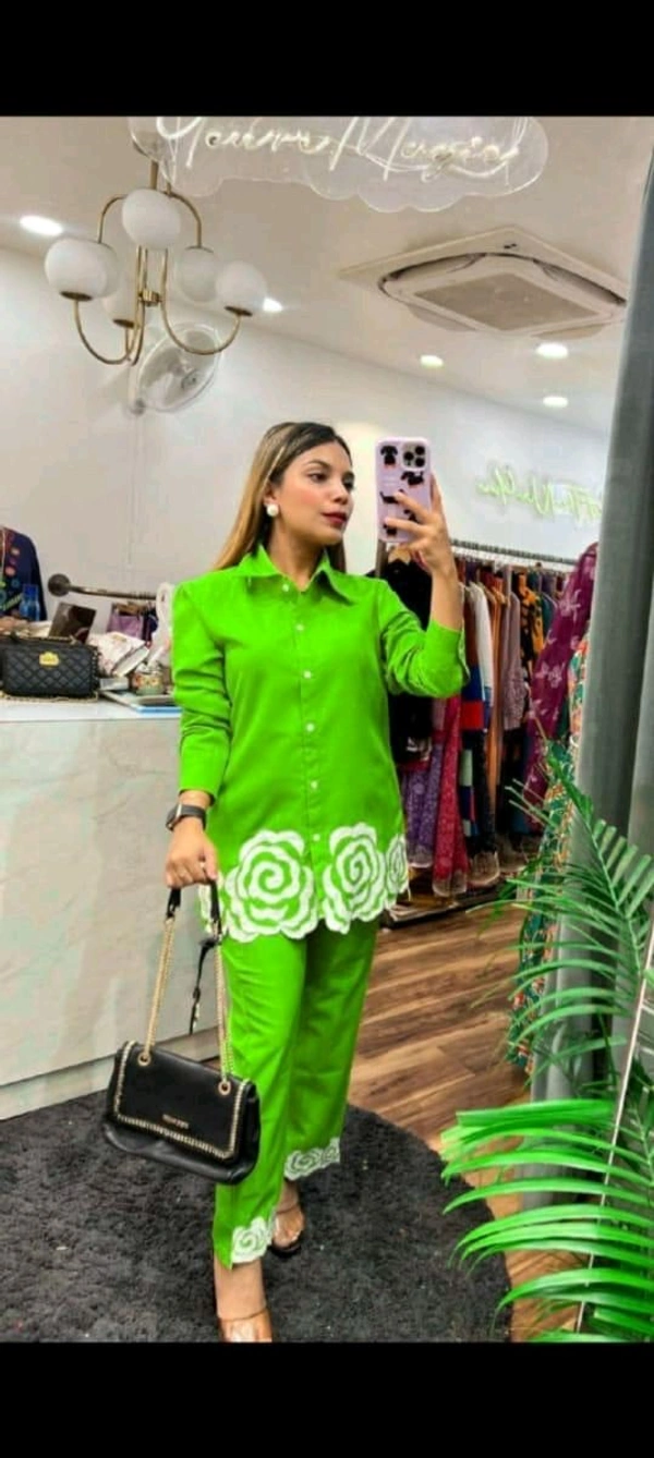 SF2 5445 Trending Reyon two pc sets  embroidery  on daman of tunic top and bottom too._It's a must for ALL shapes and a smart party outfit  - Green, M-38