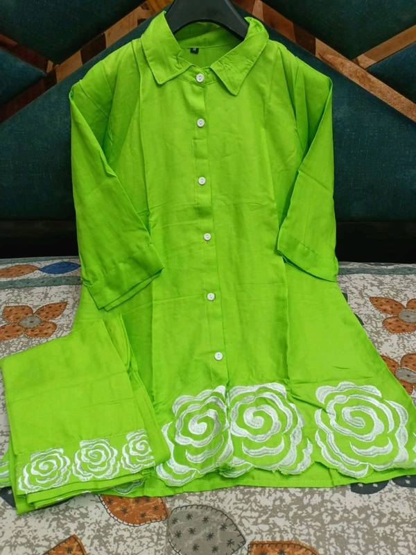SF2 5445 Trending Reyon two pc sets  embroidery  on daman of tunic top and bottom too._It's a must for ALL shapes and a smart party outfit  - Green, M-38