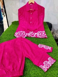 SF2 5445 Trending Reyon two pc sets  embroidery  on daman of tunic top and bottom too._It's a must for ALL shapes and a smart party outfit  - Pink, M-38