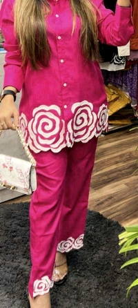 SF2 5445 Trending Reyon two pc sets  embroidery  on daman of tunic top and bottom too._It's a must for ALL shapes and a smart party outfit  - Pink, M-38