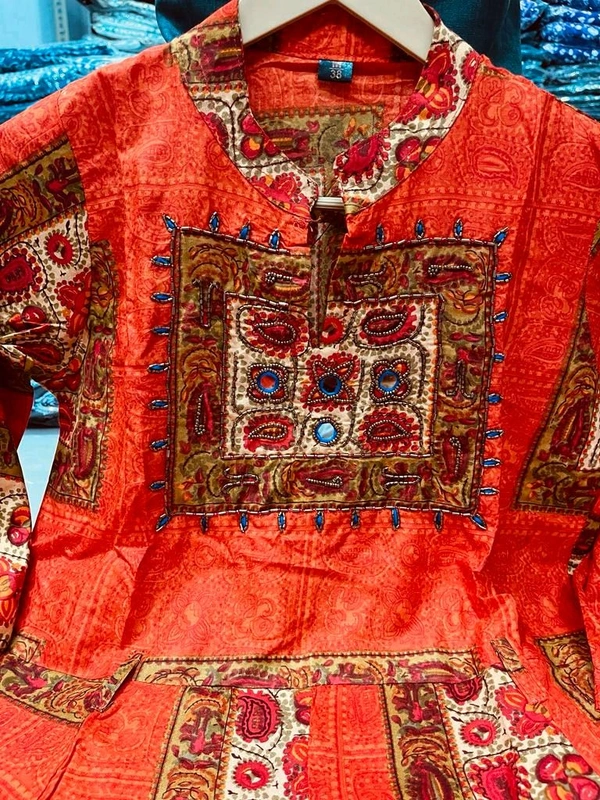 SF2 5450  heavy rayon  beautifully printed gown detailing mirror & tubelight handwork  - Orange, L-40