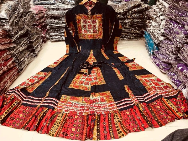 SF2 5450  heavy rayon  beautifully printed gown detailing mirror & tubelight handwork  - Black, XL-42