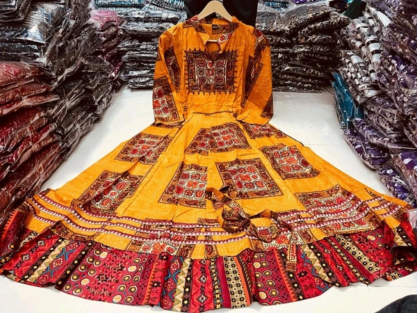 SF2 5450  heavy rayon  beautifully printed gown detailing mirror & tubelight handwork  - Yellow, M-38