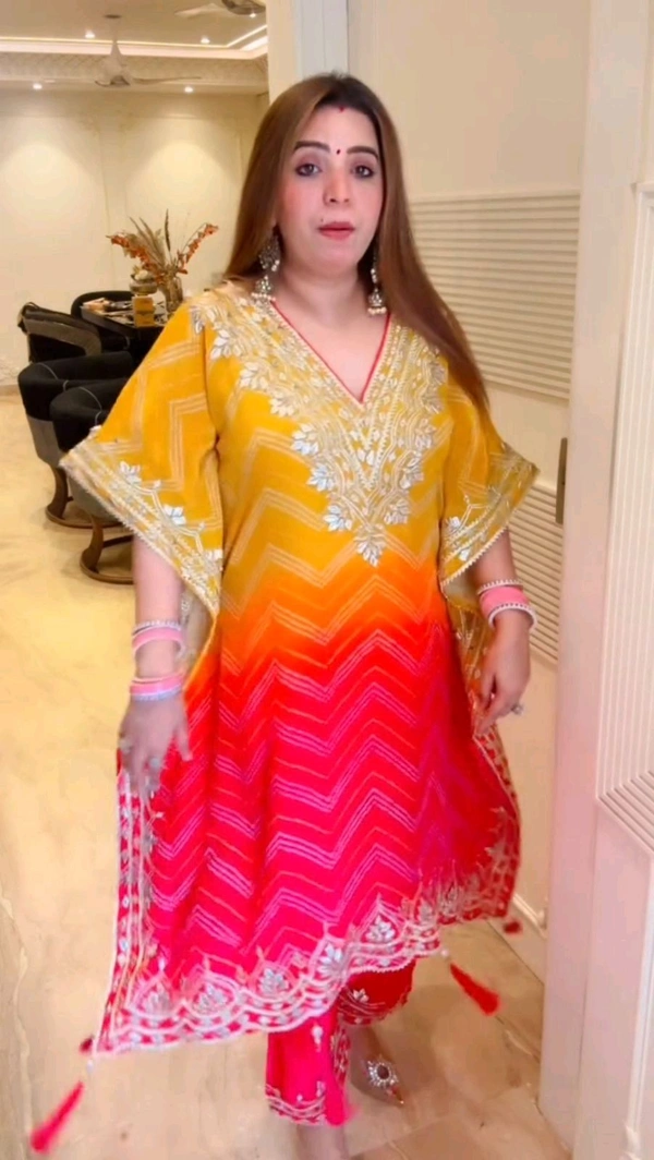 SF3  5453  TRENDING THE BANDHANI PRINT WITH SEQUENCES EMBROIDERY WORK KAFTAN WITH PANT : CHINON# WORK :  - Yellow