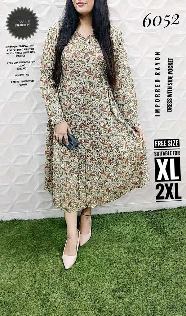PFD 6052 BEAUTIFUL STYLISH PRINTED LONG DRESS WITH SIDE POCKET  RAYON COTTON MIX - Gold, XL-42