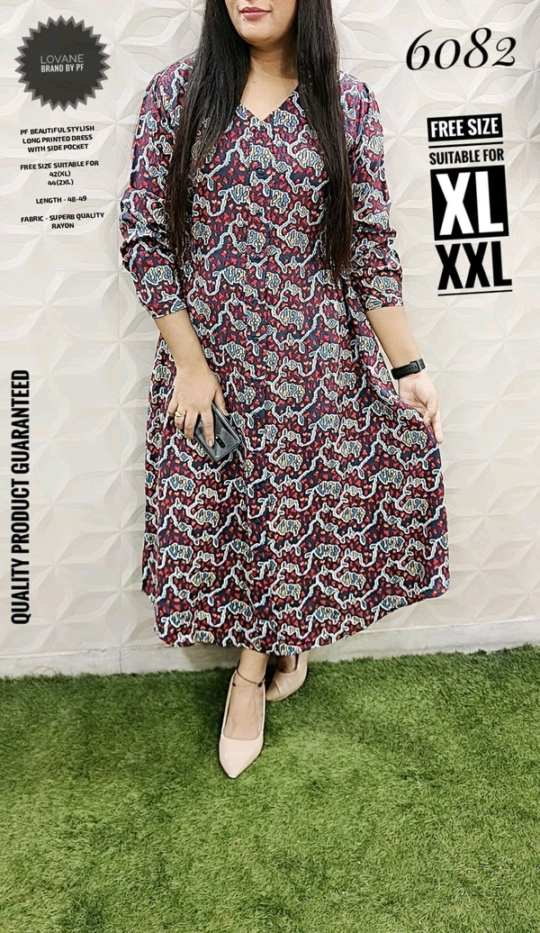 PFD 5459 IMPORTED BEAUTIFUL STYLISH PRINTED LONG DRESS WITH SIDE POCKET - Maroon Red, 2XL-44
