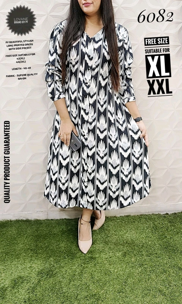 PFD 5459 IMPORTED BEAUTIFUL STYLISH PRINTED LONG DRESS WITH SIDE POCKET - White, 2XL-44