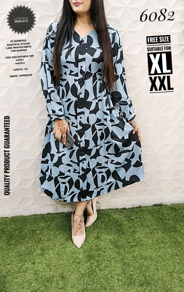 PFD 5459 IMPORTED BEAUTIFUL STYLISH PRINTED LONG DRESS WITH SIDE POCKET - Blue, 2XL-44
