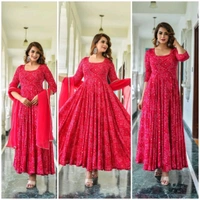 SF2  5463 *Beautiful Heavy Reyon Fabric Printed Pink Bandhani Anarkali with Reyon Mulmul Dupatta - M-38