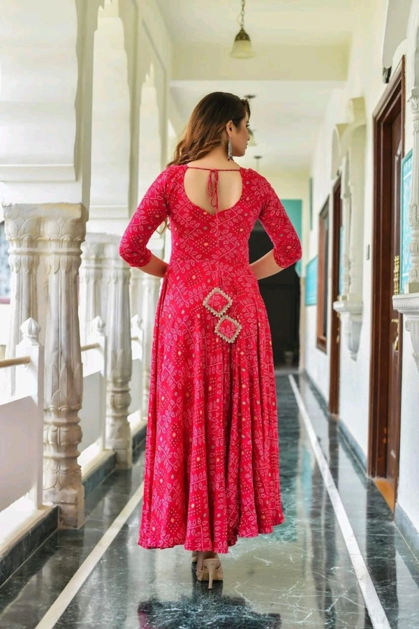 SF2  5463 *Beautiful Heavy Reyon Fabric Printed Pink Bandhani Anarkali with Reyon Mulmul Dupatta - L-40
