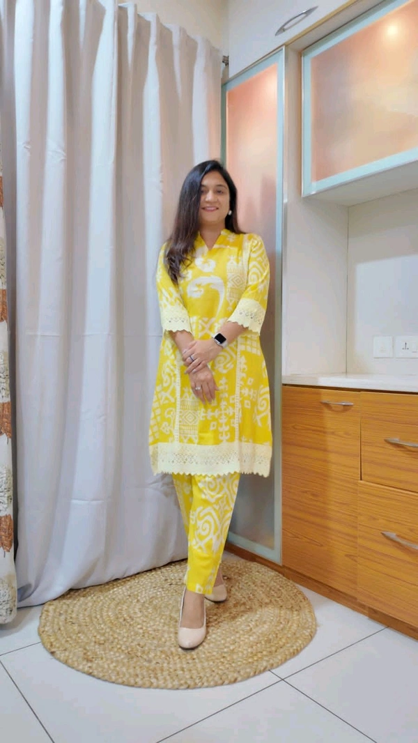 SF3  5467 Brighten your wardrobe with betel print Heavy cotton Co-ord setVibrant yellow & Lace Work    - Yellow, XL-42