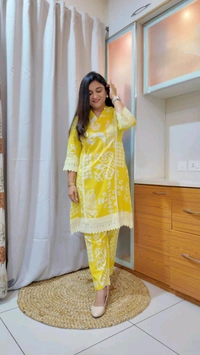 SF3  5467 Brighten your wardrobe with betel print Heavy cotton Co-ord setVibrant yellow & Lace Work    - Yellow, 3XL-46