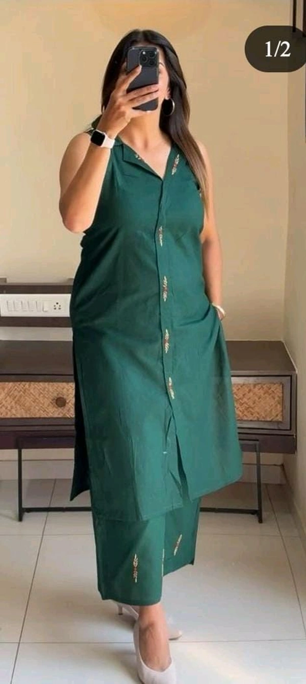 SF2  5470 "Stay cool and stylish  long with our sleeveless Cotton  kurta pant set -  - Green, L-40