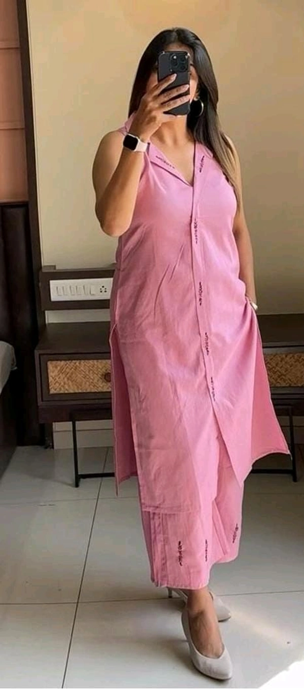 SF2  5470 "Stay cool and stylish  long with our sleeveless Cotton  kurta pant set -  - Pink, M-38