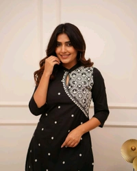 SF2 5473  Beautiful  Cotton  kurti pant  with embroidery  - Black, XL-42