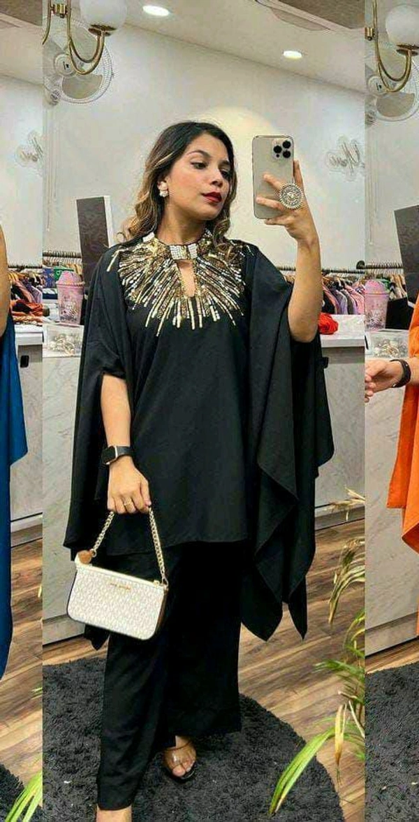KD18 5487 Trending party wear cordset With neck seroaky and peal work  imported crepe - Black, L-40