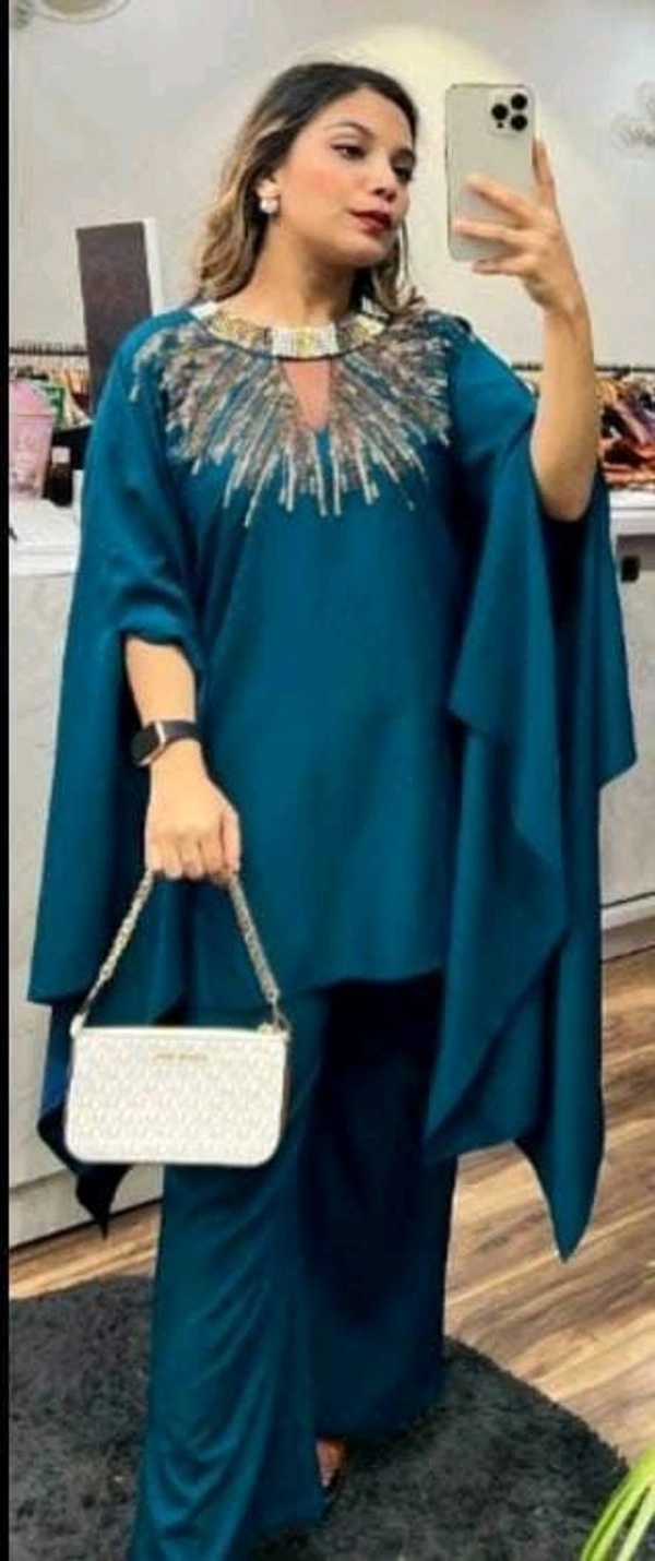 KD18 5487 Trending party wear cordset With neck seroaky and peal work  imported crepe - Blue blue, L-40