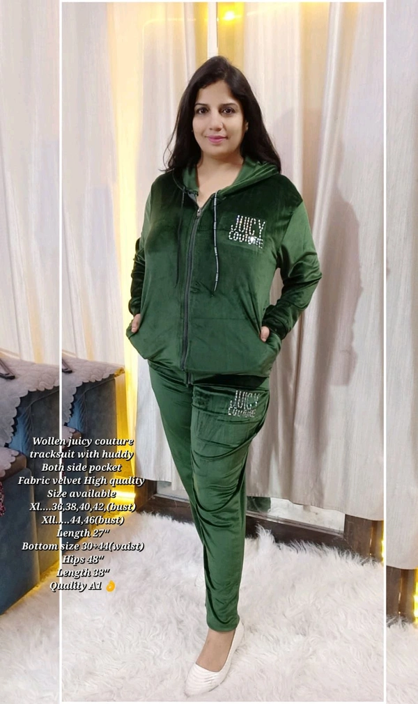 KD18  5502 Wollen juicy couture tracksuit with huddy Both side pocket  - Green, 3XL-46